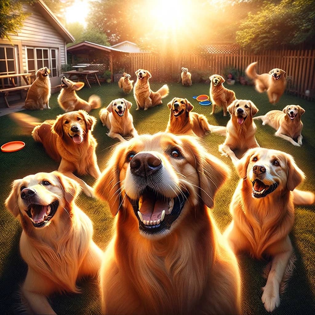 cheerful nature of Golden Retrievers scene is set in an outdoor environment