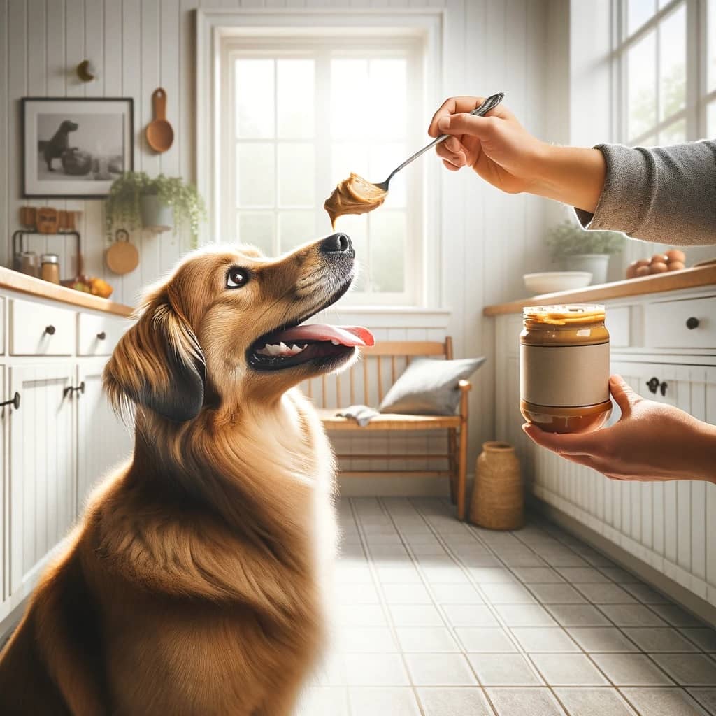 dog and its favorite treat peanut butter