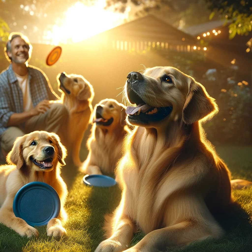 the cheerful nature of Golden Retrievers the scene is set in an outdoor environment